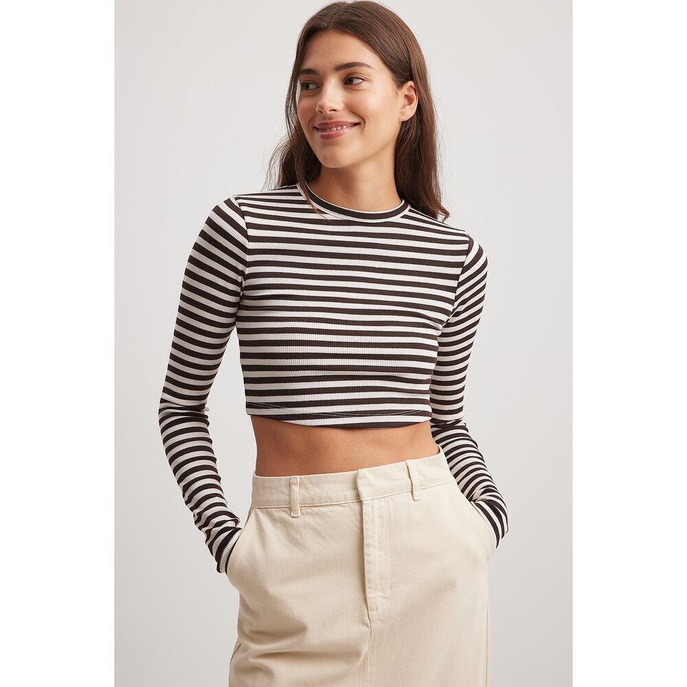 NA-KD Women's Cropped‎ Long Sleeved Striped Top Brown Beige Round Neck Ribbed